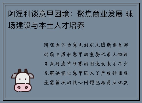阿涅利谈意甲困境：聚焦商业发展 球场建设与本土人才培养