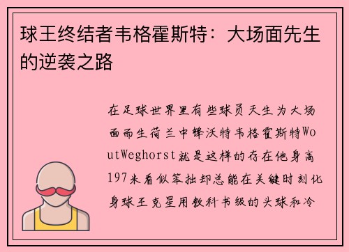 球王终结者韦格霍斯特：大场面先生的逆袭之路